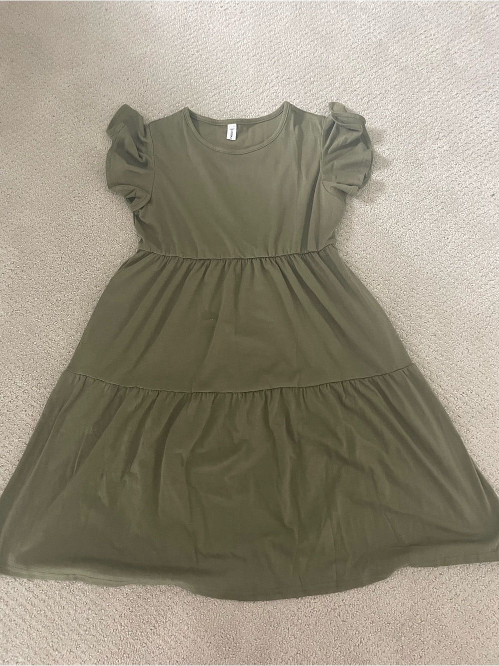 Girls Olive Green Tiered Ruffle Sleeve Dress